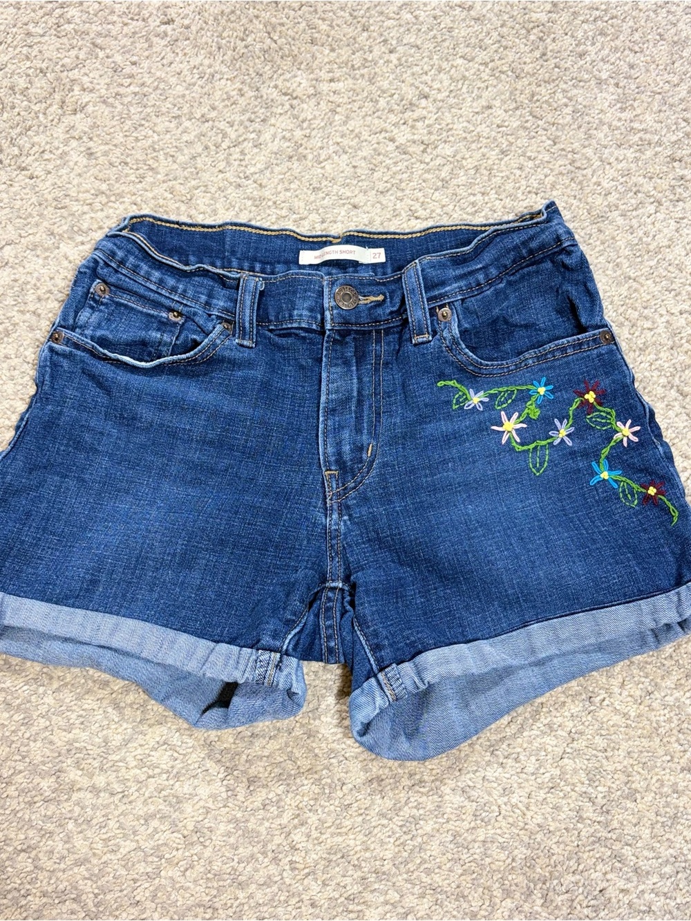 Levi's Dark Blue Denim Shorts with Embroidered Floral Accent